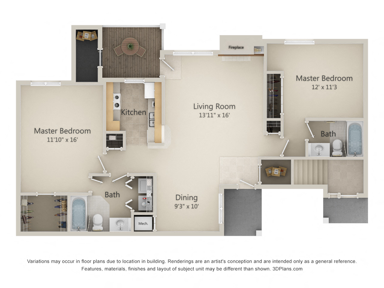 Floor plan for 2 beds, 2 baths, 1108 sqft
